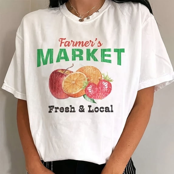 Retro Farmer's Market Graphic T-Shirt Vintage Style Fruit Illustration Fresh and Local Aesthetic Unisex Short Sleeve Tee