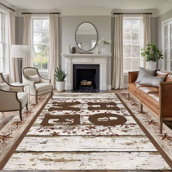 Retro Farmhouse Area Rugs 5'x7', Washable Small Throw Rugs for Laundry Room Playroom, Country Star Berries Text Wooden Grain Indoor Outdoor Rug Non-Slip Low Pile Carpet Runner Reversible Floor Mats