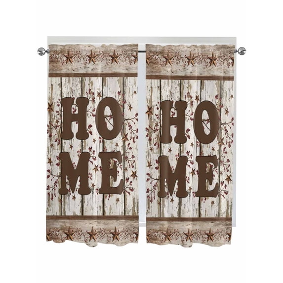 Retro Farmhouse Bathroom Window Curtain, Country Star Berries Text Wooden Grain Light Filtering Coffee Kitchen Curtains, Bedroom Living Room Curtains 2 Panel 84"x63"