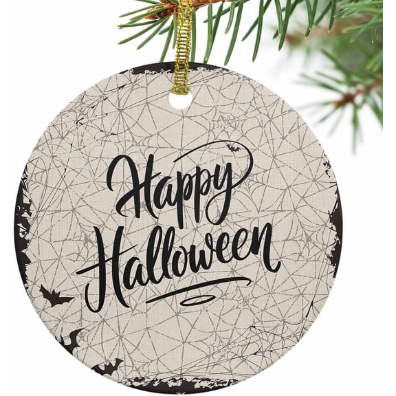 Retro Farmhouse Bats Cobweb Halloween 2026 Double-Sided Ceramic Ornament