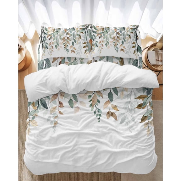 Retro Farmhouse Bedding Duvet Cover Set Full Size 4 Pieces Style Plants Green Leaves Bedding Set with Zipper Closure, 1 Comforter Cover 86x86 Inches 1 Flat Sheet & 2 Pillow Cases