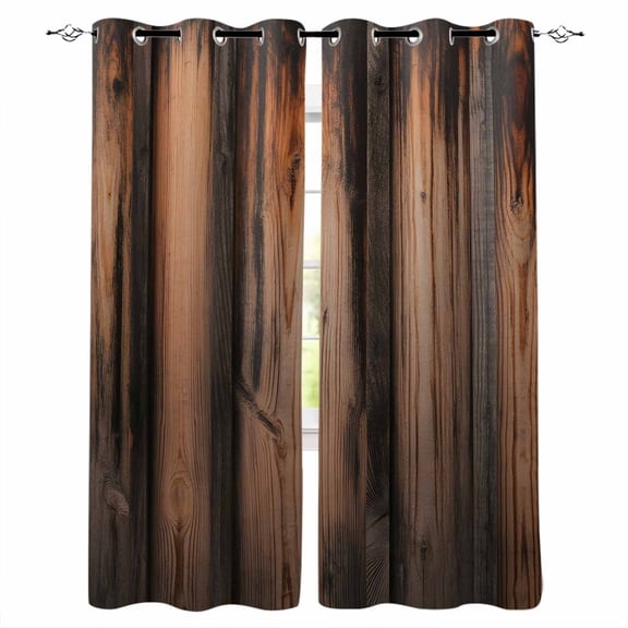 Retro Farmhouse Blackout Curtains 39 Inches Long,Thermal Insualted Grommet Curtains & Drapes,Brown Wooden Grain Cabin Country Plank Room Darking Curtains for Living Room Bedroom 2 Panels 27.5"W x39"L
