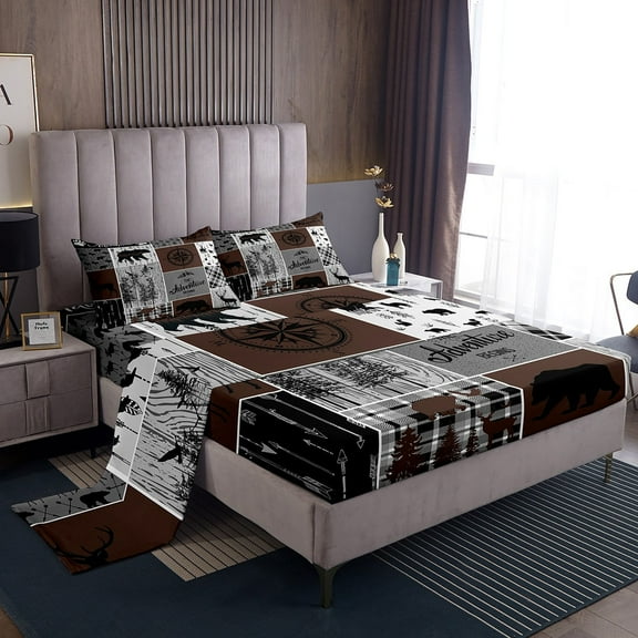 Retro Farmhouse Cabin Bed Sheets Set 4Pcs, Rustic Bear Deer Sheets King Size Teens Adult, Camping Lodge Decor Sheet Set Buffalo Check Plaid Hunting Animal Bedding Set, Brown Gray