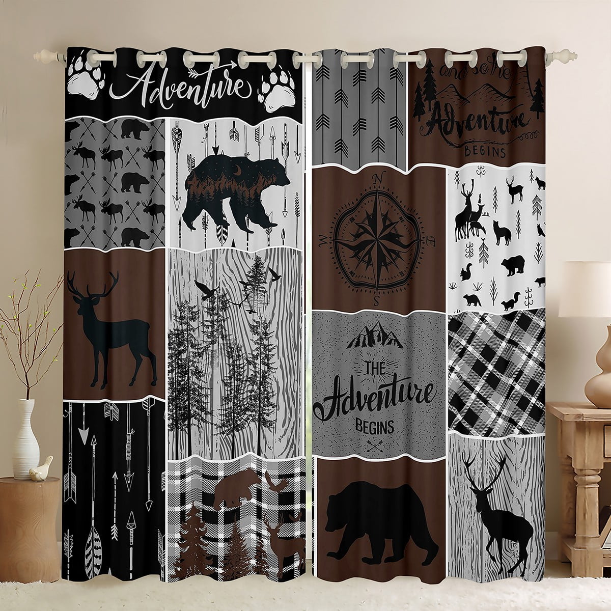 Hunting Deer Bear Curtains \u0026 Drapes, Retro Rustic Farmhouse Curtains Cabin  Lodge Decor, Vintage Woodland Animal Blackout Curtains Adventure Camping  Patchwork Window Curtains 42\, image size:1200x1200