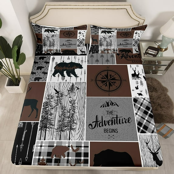Retro Farmhouse Cabin Fitted Sheet 3Pcs, Rustic Bear Deer Bedding Set Queen Size Teens Adult, Camping Lodge Decor Bed Sheets Buffalo Check Plaid Hunting Animal Sheets, Brown Gray