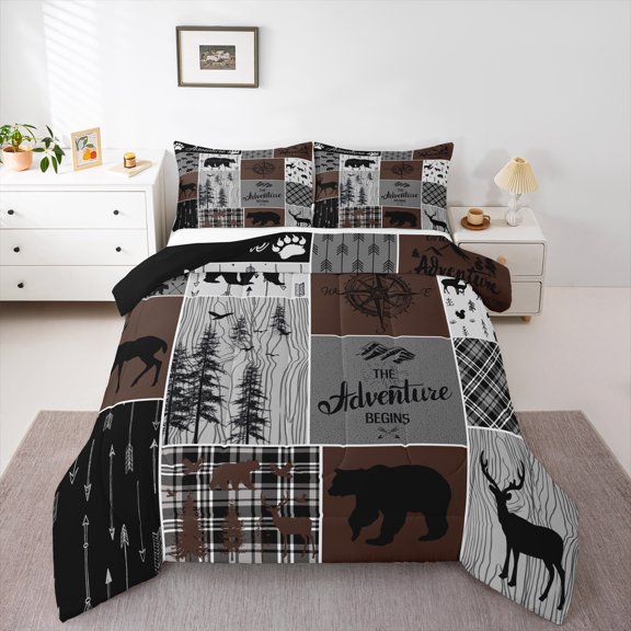 Retro Farmhouse Cabin Quilt 3Pcs, Rustic Bear Deer Comforter Set Queen Size Teens Adult Men, Camping Lodge Decor Bedding Buffalo Check Plaid Hunting Animal Duvet Insert, Brown Gray