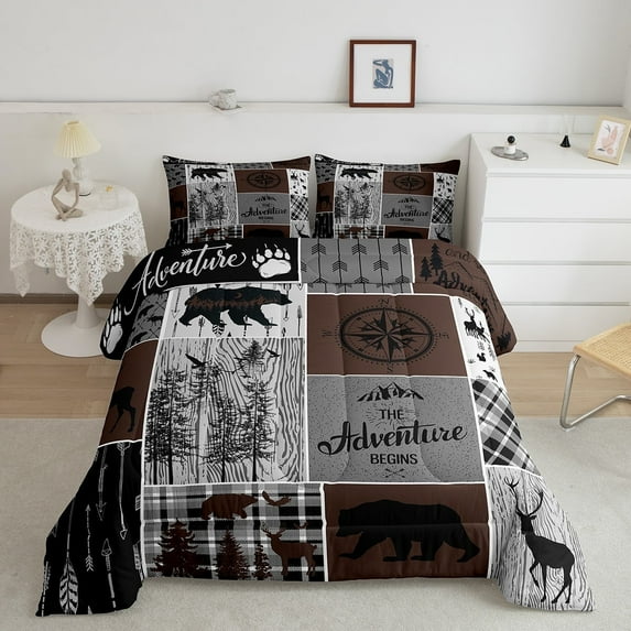 Retro Farmhouse Cabin Quilt 3Pcs, Rustic Bear Deer Comforter Set Queen Size Teens Adult Men, Camping Lodge Decor Bedding Buffalo Check Plaid Hunting Animal Duvet Insert, Brown Gray