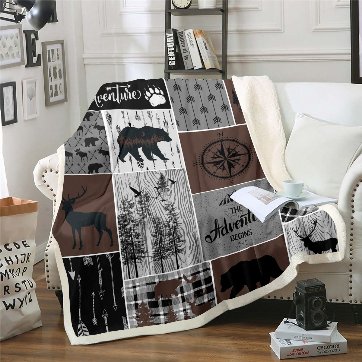 Retro Farmhouse Cabin Throw Blanket, Rustic Bear Deer Fleece Blanket