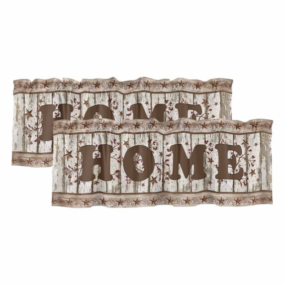 Retro Farmhouse Curtain Valances for Windows, Kitchen Valance Window Treatments Panel 2 Pack, Country Star Berries Text Wooden Grain Rod Pocket Short Curtains for Bathroom Bedroom 60 x 18 Inch