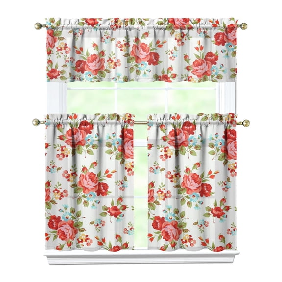 Retro Farmhouse Curtains 36 Inch Short - 3 Panel Vintage Floral Set with Bohemian Wildflowers, Rod Pocket Treatment