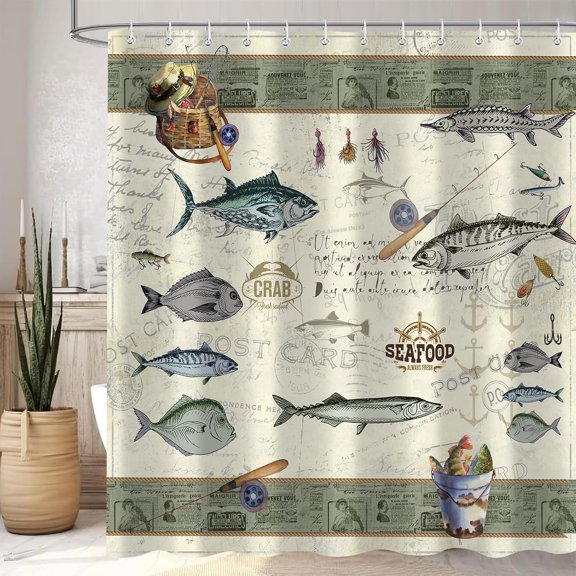 Retro Farmhouse Fishing Shower Curtain, Rustic Cabin Fish Country Bathroom Decor Sets, Waterproof Polyester Bath Curtain Fabric with 12 Hooks 72x72 Inches