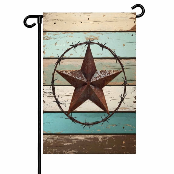 Retro Farmhouse Garden Flags for Outside Barn Star Wood Texture Double Sided Yard Flags Outdoor House Decoration, Small 12X18 Inch, Turquoise Brown Beige