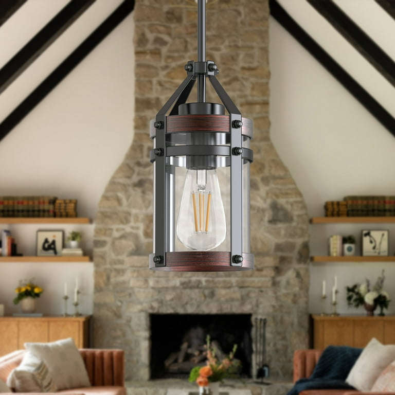 Retro Farmhouse Glass Pendant Light Fixtures Pendant Lighting Length Adjustable for Kitchen Island Barn Dining Room Dark Red Wood Color