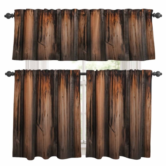 Retro Farmhouse Kitchen Curtains Sets for Windows 36 Inch Length, Brown Wooden Grain Cabin Country Plank Rod Pocket Window Treatments Tier Curtains and Valances Set for Bedroom/Bathroom