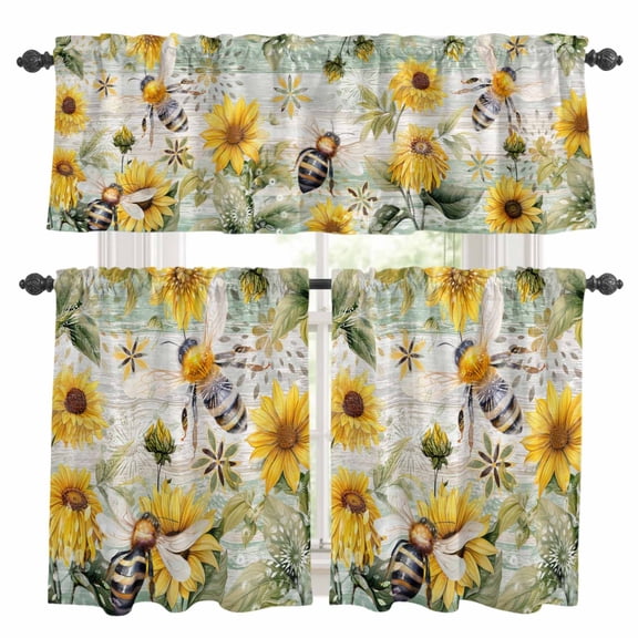 Retro Farmhouse Kitchen Curtains Valances and Tiers Set of 3 Flower Plant Sunflower Bee Green Wood Grain Tier Curtains and Valance with Rod Pocket for Small Windows, 27.5"x24"