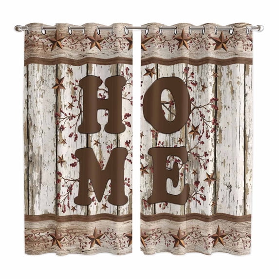Retro Farmhouse Kitchen Curtains Window Panels, Country Star Berries Text Wooden Grain Insulated Window Treatment Curtain, Grommet Curtains for Bedroom/Living Room/Bathroom, 2 Piece 42"Wx63"L