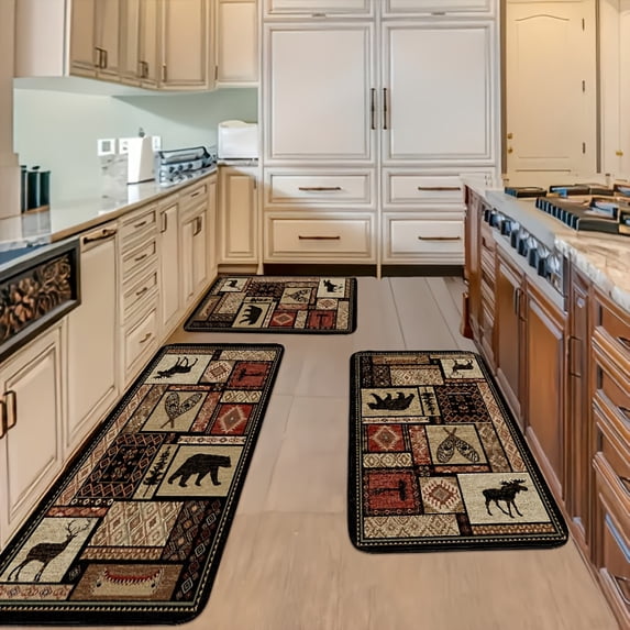 Retro Farmhouse Kitchen Mat Set 2/3Pcs, Brown Bear Wildlife Pattern, Holiday Decor for Halloween Christmas, Thick Plush Fade-Resistant, Easy Clean Floor Mat for Living Dining Bathroom