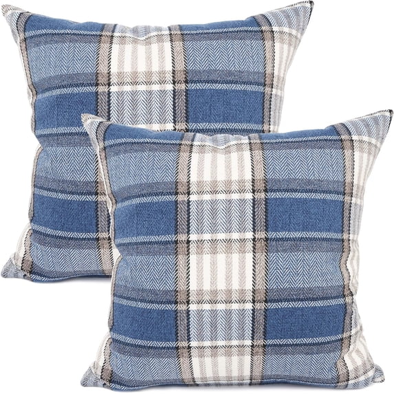 Retro Farmhouse Outdoor Buffalo Tartan Chequer Plaid Cotton Linen Decorative Throw Pillow Case Cushion Cover Pillowcase for Sofa 18 x 18 Inch,Set of 2,Blue/Stripe