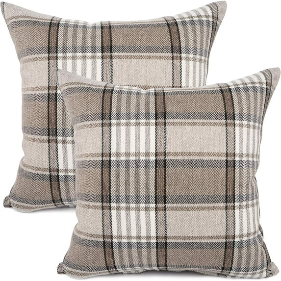 Retro Farmhouse Outdoor Buffalo Tartan Chequer Plaid Cotton Linen Decorative Throw Pillow Case Cushion Cover Pillowcase for Sofa 18 x 18 Inch, Set of 2, Khaki/Stripe