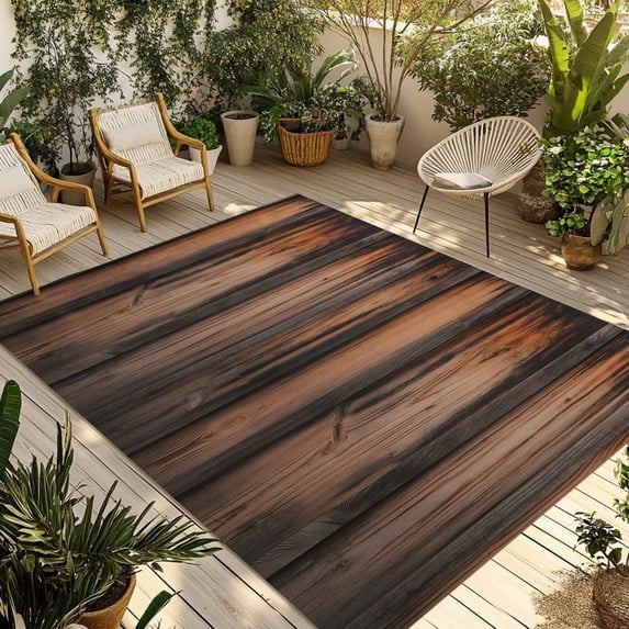 Retro Farmhouse Outdoor Rug for Patio/Deck/Porch, Non-Slip Large Area Rug 5 x 8 Ft, Brown Wooden Grain Cabin Country Plank Indoor Outdoor Rugs Washable Area Rugs, Reversible Camping Rug Carpet Runner