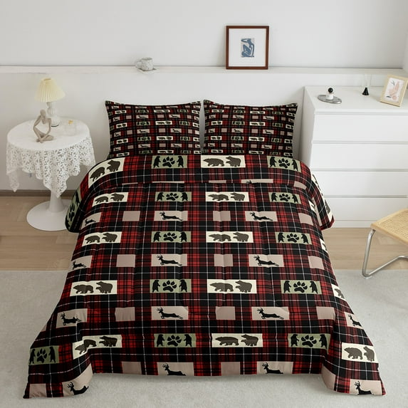 Retro Farmhouse Quilt Bear Deer Patchwork Grid Bedding Set,Country Lodge Cabin Paw Print Comforter Set Full Woodland Animals Rustic Decor,Red Lattice Checkered Buffalo Plaid Decor
