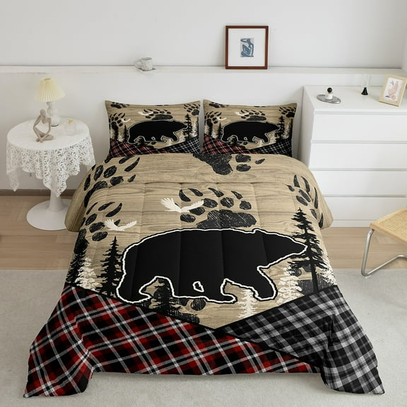 Retro Farmhouse Quilt Bear Patchwork Bedding Set,Brown Wood Country Cabin Comforter Set King Woodland Animals Dark Shadows Rustic Decor,Red Black Lattice Checkered Buffalo Plaid Decor