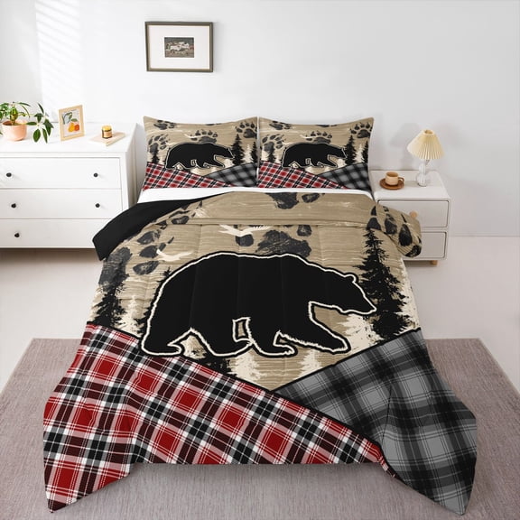 Retro Farmhouse Quilt Bear Patchwork Bedding Set,Brown Wood Country Cabin Comforter Set King Woodland Animals Dark Shadows Rustic Decor,Red Black Lattice Checkered Buffalo Plaid Decor