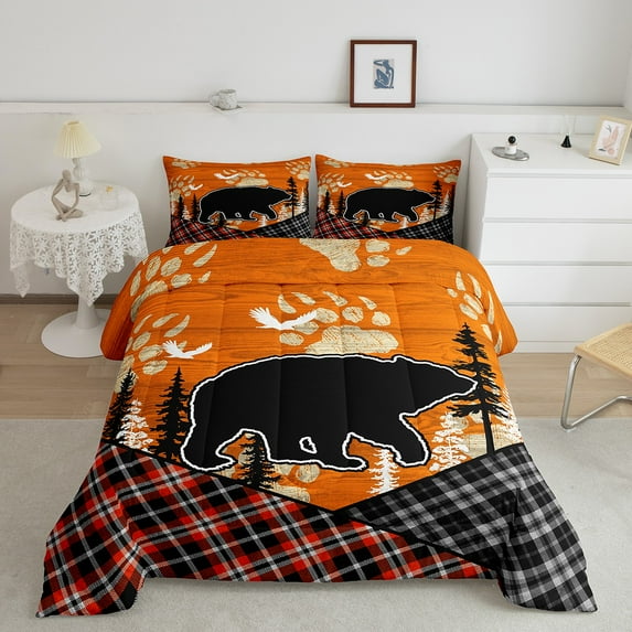 Retro Farmhouse Quilt Bear Patchwork Bedding Set,Orange Wood Country Cabin Comforter Set King Woodland Animals Dark Shadows Rustic Decor,Red Black Lattice Checkered Buffalo Plaid Decor