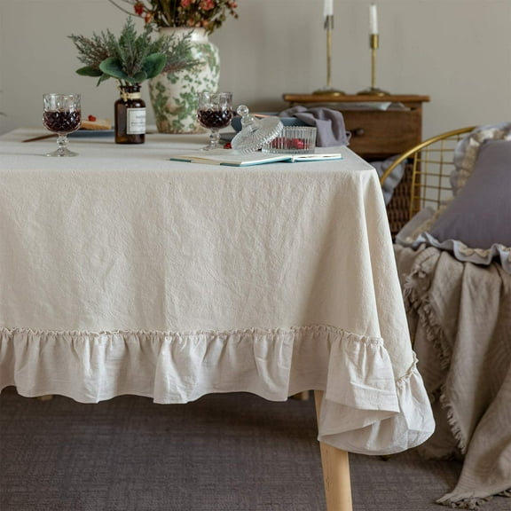 Retro Farmhouse Ruffle Tablecloth Cotton Flounces Trim Washable Table Cover Tablecloths for Rectangle Table Baby Shower Kitchen Party Wedding Decor,White 60''x84''
