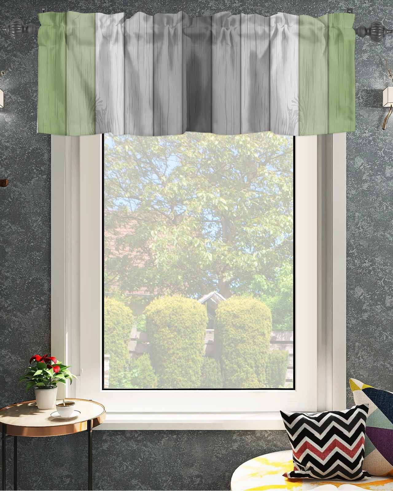 Retro Farmhouse Sage Green and Brown Ombre Wood Grain Window Valances