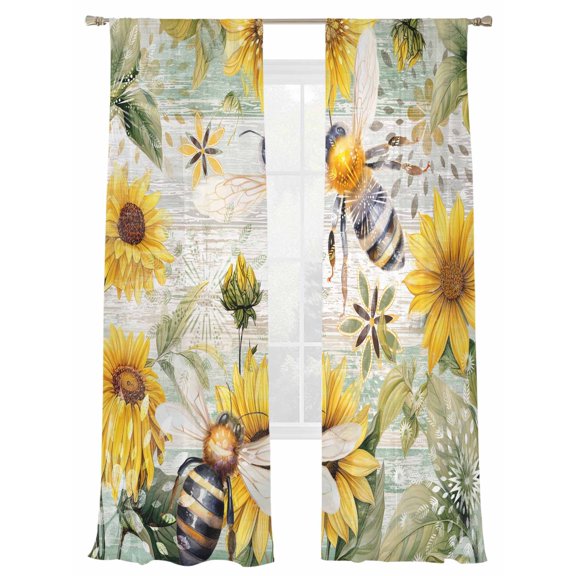 Retro Farmhouse Sheer Curtains 2 Panels Set Flower Plant Sunflower Bee Green Wood Grain Sheer Window Curtains Light Filtering Rod Pocket Voile Drapes for Bedroom Living Room 52"X96"