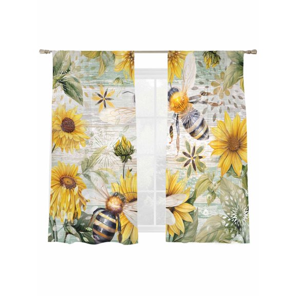 Retro Farmhouse Sheer Curtains 2 Panels Set Flower Plant Sunflower Bee Green Wood Grain Sheer Window Curtains Light Filtering Rod Pocket Voile Drapes for Bedroom Living Room 52"x63"