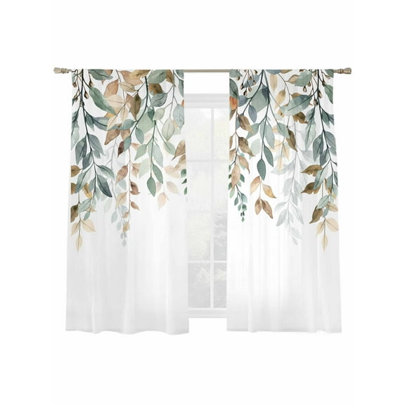 Retro Farmhouse Sheer Curtains 63 Inches Long 2 Panels Style Plants Green Leaves Light Filtering Semi Sheer Window Curtains Drapes for Bedroom Living Room 52"x63"x2