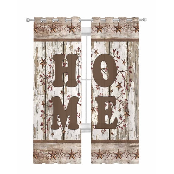 Retro Farmhouse Sheer Curtains 84 Inch Length 2 Panels Set for Living Room/Bedroom, Country Star Berries Text Wooden Grain Kitchen Curtains Grommet Semi-Sheer Curtains Window Treatments 52"x84"x2