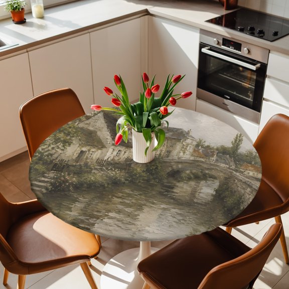 Retro Farmhouse Stone Bridge Round Fitted Tablecloth with Elastic Edge,Waterproof Table Cloth Fits 36"-44" Tables,Wipeable Washable Table Cover for Indoor Outdoor Dinning Party,Vintage Countryside