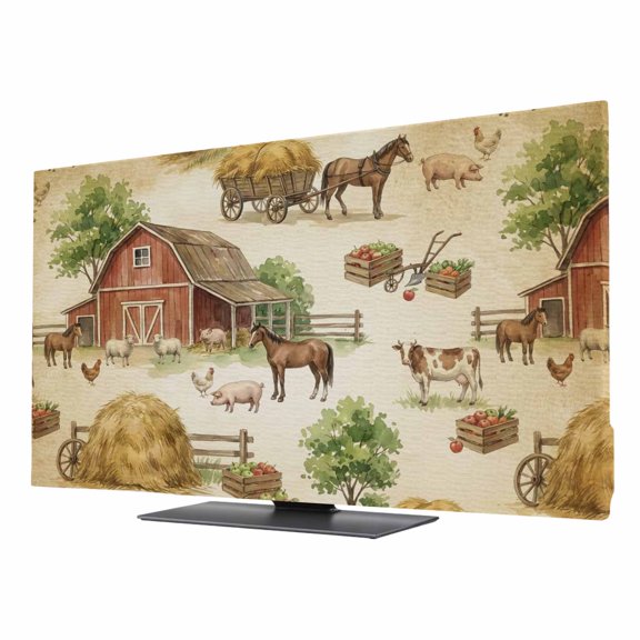 Retro Farmhouse TV Cover for 24 Inch Screen,Stretch Fabric Dustproof TV Display Protector,Rustic Farm Animals House Barn Brown Elastic Slipcover Monitor Cover for Indoor Desktop Computer 20.9"x11.8"