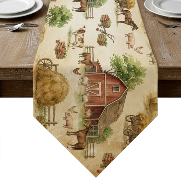 Retro Farmhouse Table Runner Linen Burlap Table Runner 72 Inches Long Rustic Farm Animals House Barn Brown Dresser Scarves for Kitchen Island Coffee Dining Room Party Wedding Holiday Decor 13"x72"