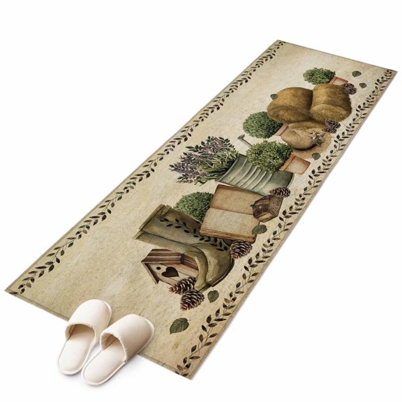 Retro Farmhouse Theme Non-Slip Non-Shedding Floor Mat, Country Vintage Flower Leaf Boots Plant Washable Sturdy Carpet for Living Room Bedroom Home Decor