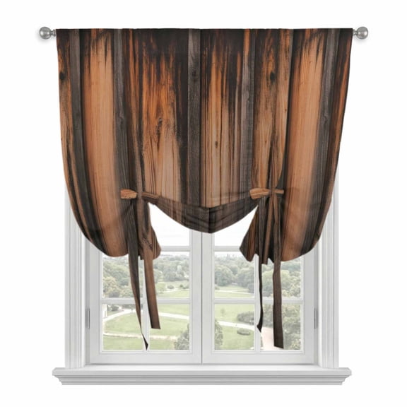Retro Farmhouse Tie Up Curtains for Window, Thermal Insulated Balloon Shade Adjustable Rod Pocket Curtains Valance Panels for Kitchen Bathroom Cafe 42 x 45 Brown Wooden Grain Cabin Country Plank