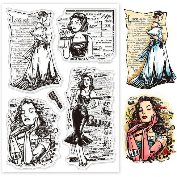Retro Fashion Lady Clear Stamps for Cards Making Vintage Woman Background Silicone Clear Stamp Seals Transparent Stamps for DIY Scrapbooking Photo Album Journal Home Decoration