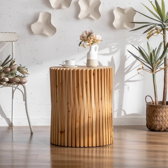 Retro Fashion Style Cylindrical side Table with Vertical Texture Relief Design, for Living Room,Office,and Dining Room, Natural