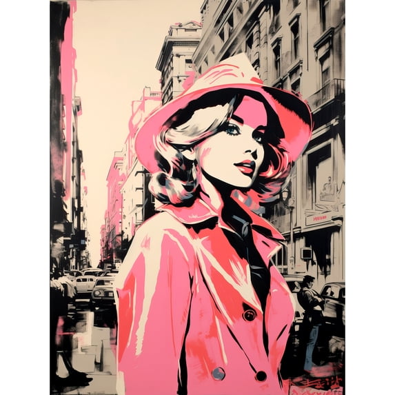 Retro Fashion Woman with Hat and Pink Trench Coat Unframed Wall Art Print Poster Home Decor Premium