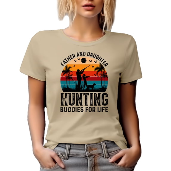 Retro Father and Daughter, Hunting Buddies for Life, Hunter Father's Day, Tan T-Shirt, Large