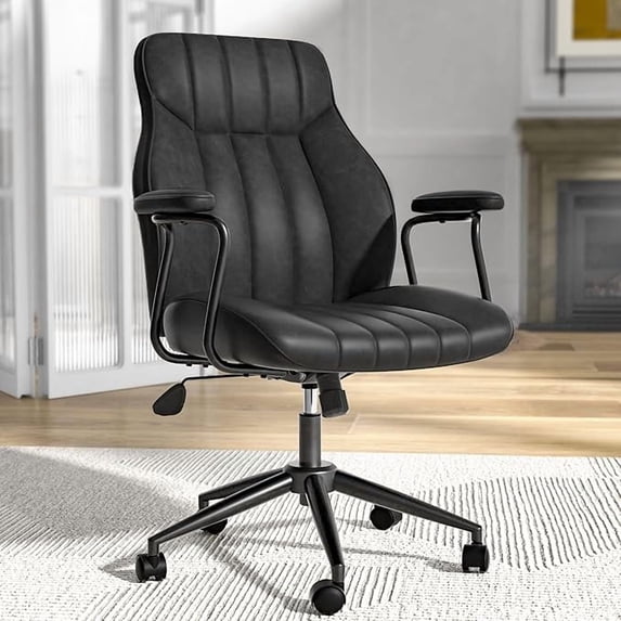 Retro Faux Leather Office Chair, Ergonomic Swivel Desk Chair with Lumbar Support, Adjustable Height Computer Task Chair for Home Office, Study, Black