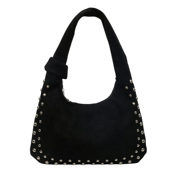 Retro Faux Suede Rivet Shoulder Bags Large Studded Purse Slouchy Shoulder Purse Fall Accessories (Black)