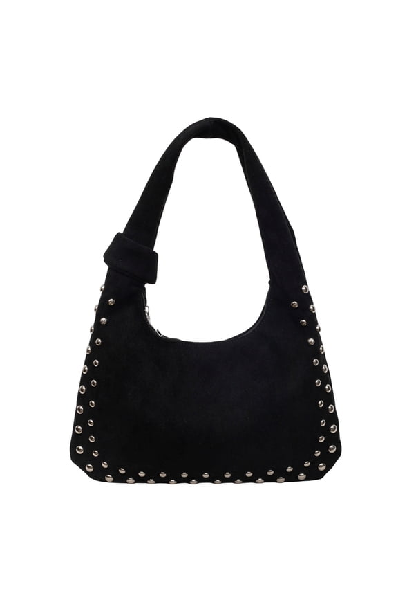 Retro Faux Suede Rivet Shoulder Bags Large Studded Purse Slouchy Shoulder Purse Fall Accessories (Black)
