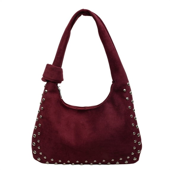 Retro Faux Suede Rivet Shoulder Bags Large Studded Purse Slouchy Shoulder Purse Fall Accessories (Red)