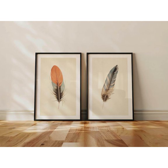 Retro Feather Art Outdoors Art Quill Illustration Nature Wall Art Set 2 Stretched Canvas 16x24