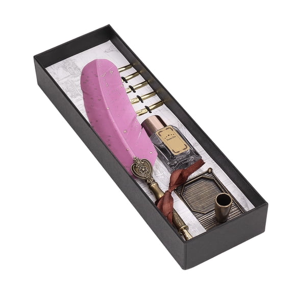 Retro Feather Dip Pen Writing Set Elegant Calligraphy Quill Ink Pen Kit Pink - 11.4 inches / 29.0 cm Length