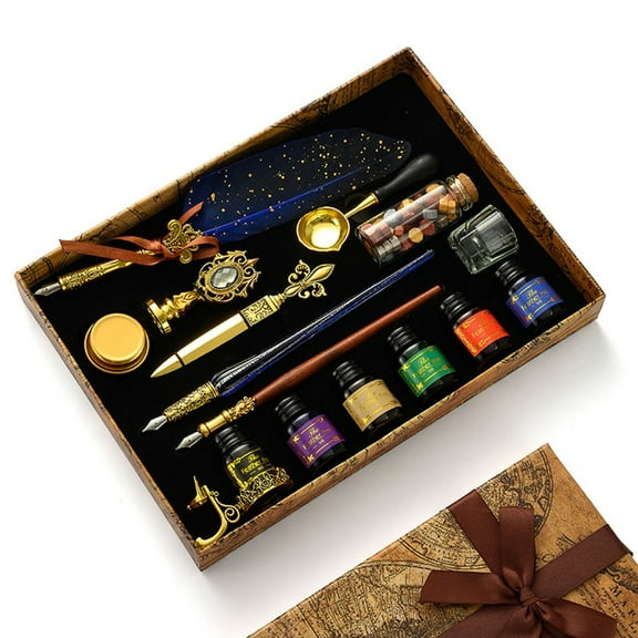 Retro Feather Fountain Pen Vintage Calligraphy Writing Ink Pen Sets Creative Pens Wooden Dip Pen Set Classic Wax Seal Stamp Kit